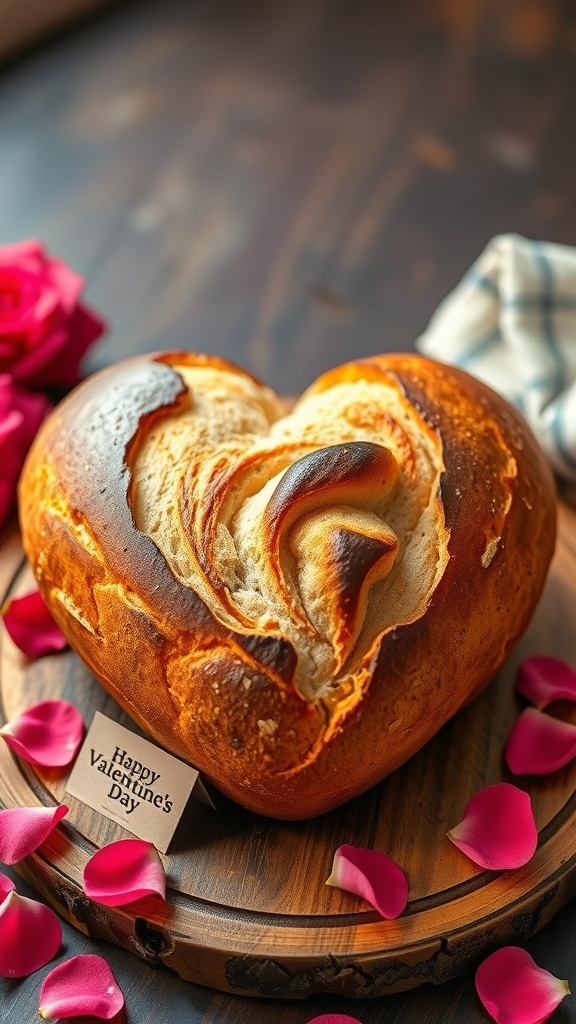 Heart-Shaped Sourdough Bread for Valentine Heart-shaped sourdough bread on a wooden board with rose petals for Valentine